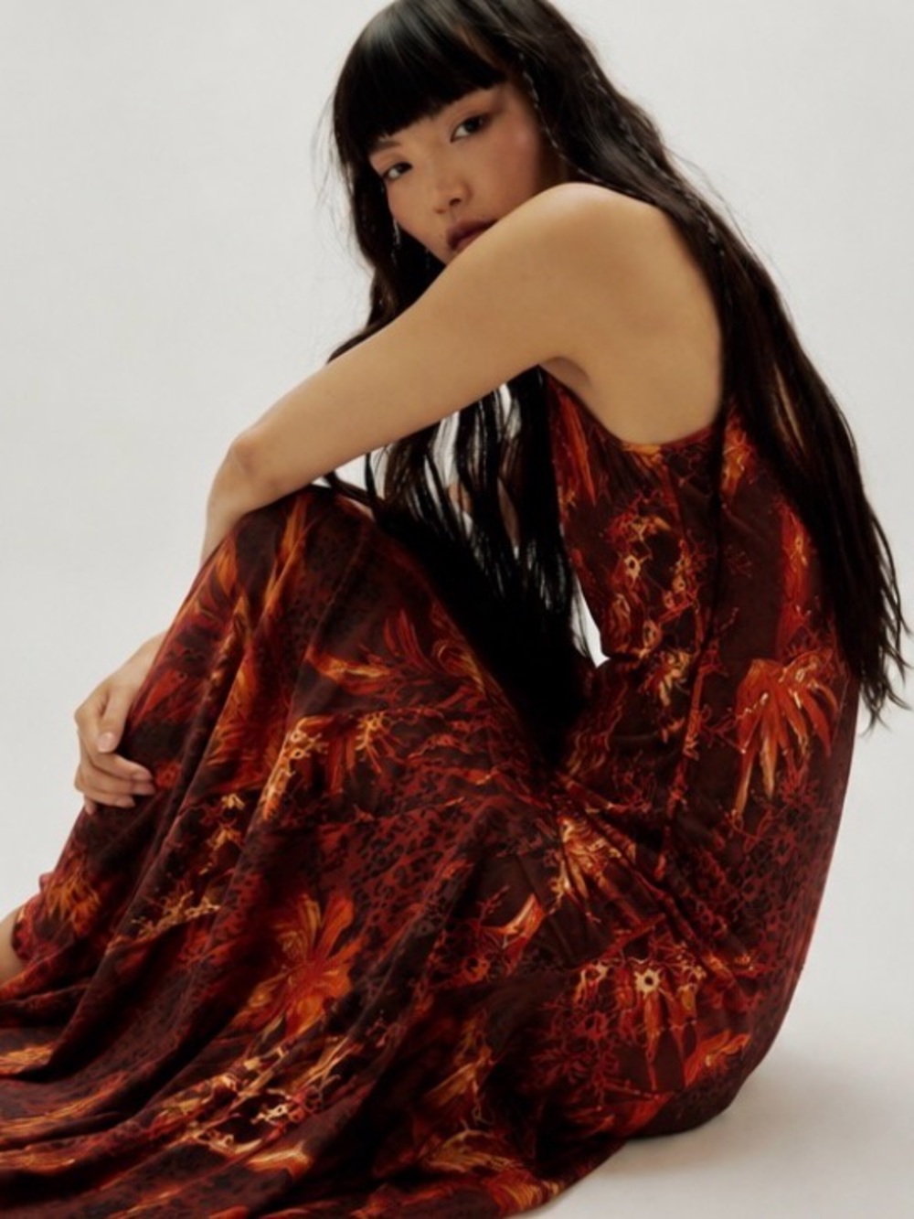 Rust Floral Maxi Dress with Sleeveless Silhouette Grunge/Boho Fashion
